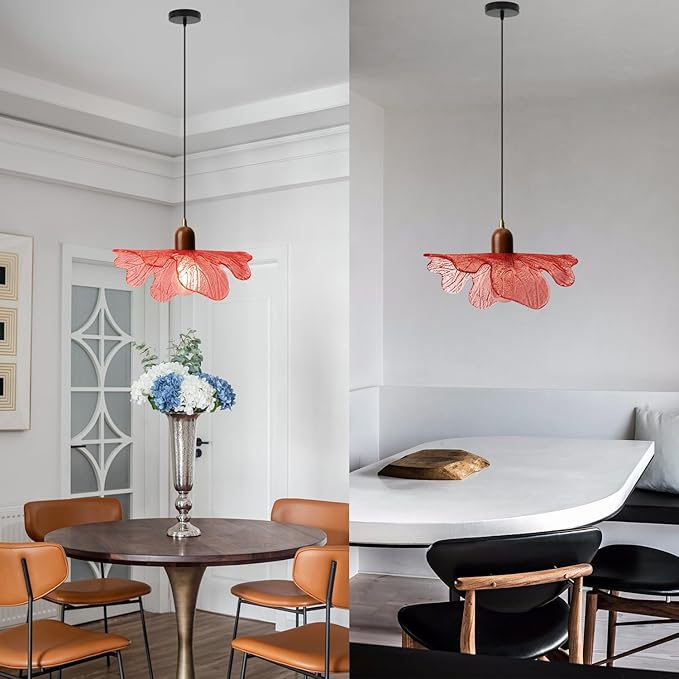 Modern Flower Pendant Light Fixture 13" Glass Hanging Light Wooden Chandelier Red Adjustable Pendant Lighting for Bedroom Dining Room Entryway