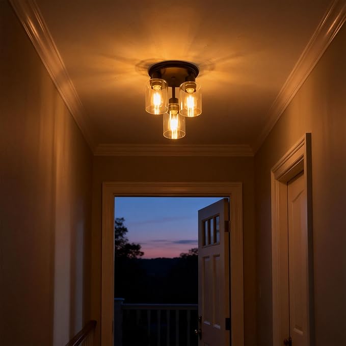 ROTTOGOON Semi Flush Mount Ceiling Light, Close to Ceiling Lights Fixtures, 3 Light Kitchen Ceiling Lights Fixtures with Glass Shades, Hallway Light Fixtures Ceiling Mount for Foyer, 9.9" x 13", Black