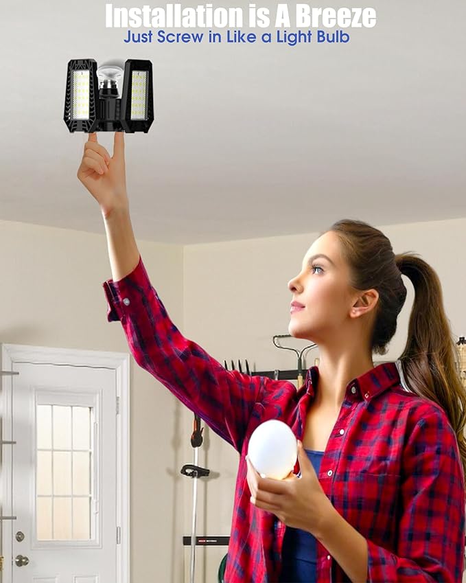 Garage Light, 120W 12000LM Bright Garage Lights Ceiling Led, 6500K Deformable Shop Lighting with 4 Adjustable Panel, Screw into E26/E27 Bulb Socket LED Lights for Workshop Basement Attic