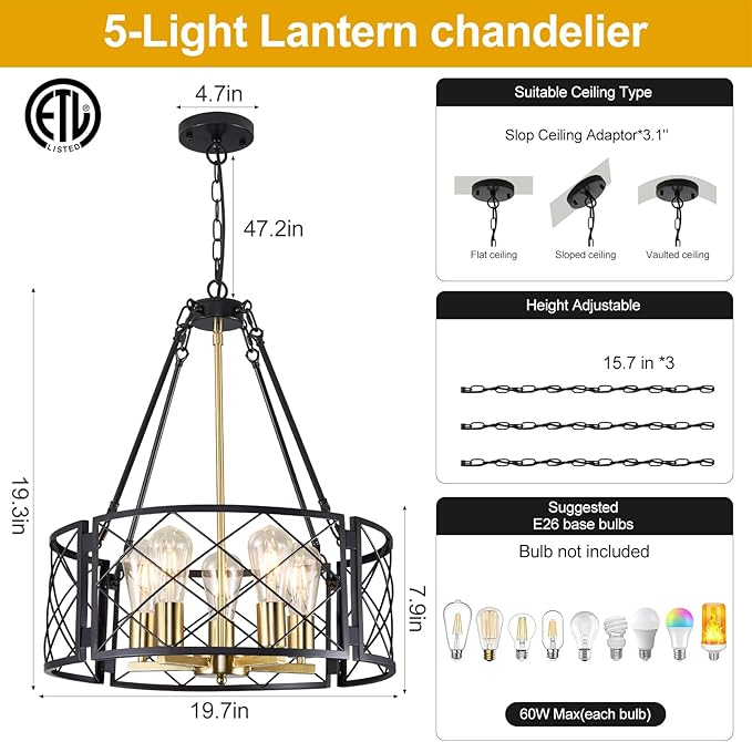 21'' Farmhouse Chandelier, 5-Light Black and Gold Dining Room Light Fixture Over Table, Rustic Industrial Drum Hanging Pendant Lights Fixture for Kitchen Island Living Room Bedroom Hallway Entryway
