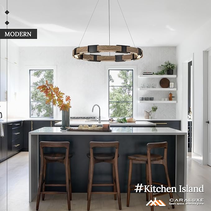 LED Ring Chandelier Dimmable Black & Wood Chandelier for Dining Room 24in Circular Chandeliers Light Modern Round LED Chandeliers Light Fixture for Entry Bedroom Kitchen Home Office Living Room