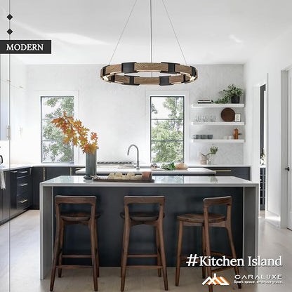 LED Ring Chandelier Dimmable Black & Wood Chandelier for Dining Room 24in Circular Chandeliers Light Modern Round LED Chandeliers Light Fixture for Entry Bedroom Kitchen Home Office Living Room