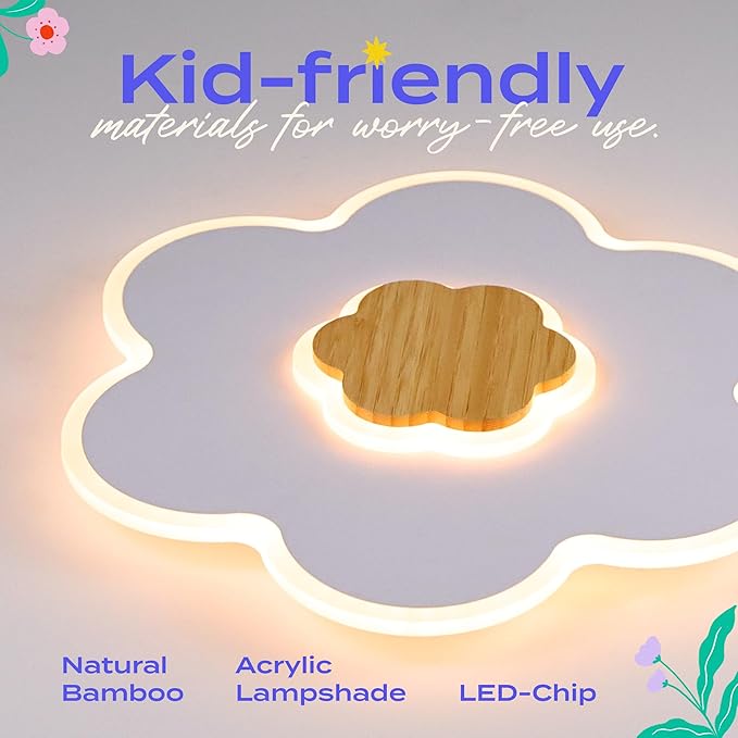 LED Ceiling Lights Fixture 19.7in Dimmable Flower Shape Wooden Nursery Light Fixture with Remote 35W Kids Ceiling Lamp for Kids Room Nursery Room Bedroom Living Room Dining Room