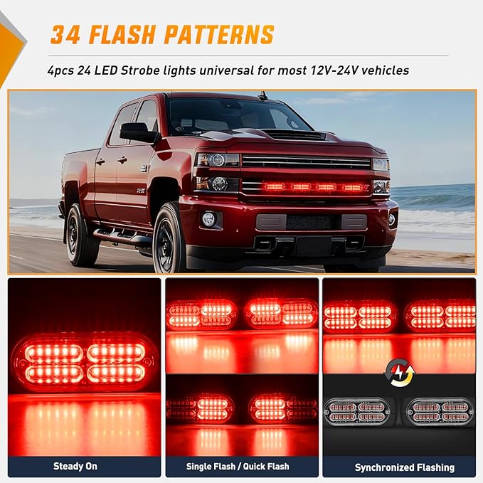 Nilight 4PCS 24LED Emergency Strobe lights 12V 24V Red Surface Mount Grille Hazard Safety Warning Light Sync Feature Side Flashing Marker Flash for Car Truck Campers