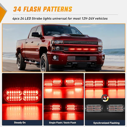 Nilight 4PCS 24LED Emergency Strobe lights 12V 24V Red Surface Mount Grille Hazard Safety Warning Light Sync Feature Side Flashing Marker Flash for Car Truck Campers