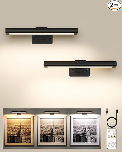 EZVALO Picture Light for Wall, Rechargeable 2400mAh Battery Lights Wireless with IR Remote, 3 Color & Dimmable Magnetic 7.87'' LED Lights Display for Painting, Living Room, Gallery, Bedroom(Black-2P)