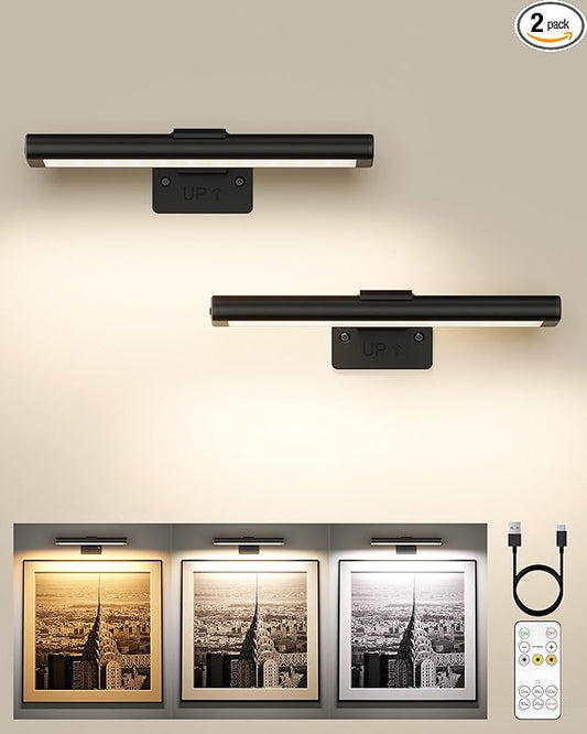EZVALO Picture Light for Wall, Rechargeable 2400mAh Battery Lights Wireless with IR Remote, 3 Color & Dimmable Magnetic 7.87'' LED Lights Display for Painting, Living Room, Gallery, Bedroom(Black-2P)