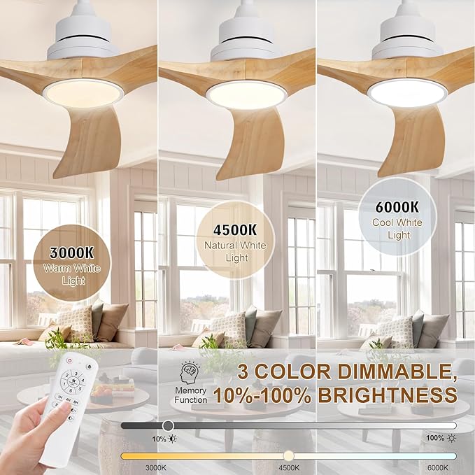 Ceiling Fan with Light 52 inch,Remote Control,Wall Switch,Solid Wood Blades,Dimmable,Reversible Quiet DC Motor,Power Off Memory Modern White Ceiling Fan for Bedroom Patio Indoor/Outdoor Use