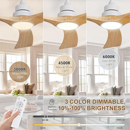 Ceiling Fan with Light 52 inch,Remote Control,Wall Switch,Solid Wood Blades,Dimmable,Reversible Quiet DC Motor,Power Off Memory Modern White Ceiling Fan for Bedroom Patio Indoor/Outdoor Use