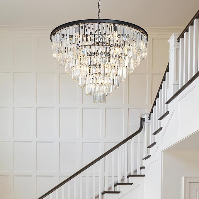 Black Crystal Chandelier Modern Large Dining Room Chandelier 17 Lights 7-Tier Luxury Round Top K9 Ceiling Pendant Light Fixture for High Ceiling Living Room Foyer Staircase
