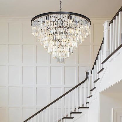 Black Crystal Chandelier Modern Large Dining Room Chandelier 17 Lights 7-Tier Luxury Round Top K9 Ceiling Pendant Light Fixture for High Ceiling Living Room Foyer Staircase