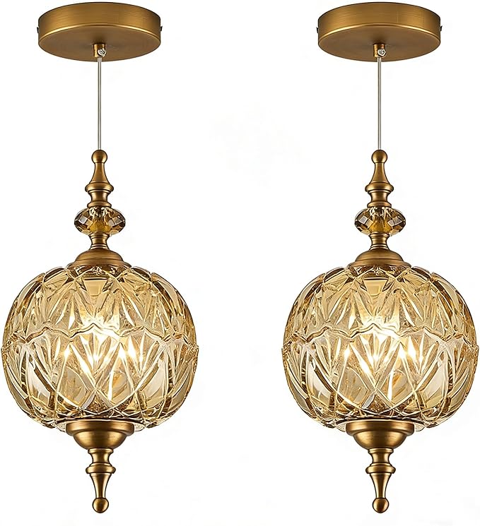 Vintage 2-Pack Pendant Light Fixtures Amber Glass Ceiling Pendant Lighting for Bedroom Living Room Dining Room with Original Vintage Design