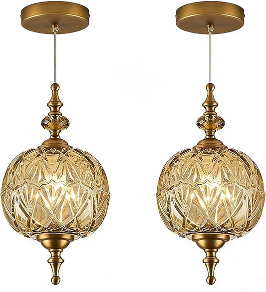 Vintage 2-Pack Pendant Light Fixtures Amber Glass Ceiling Pendant Lighting for Bedroom Living Room Dining Room with Original Vintage Design