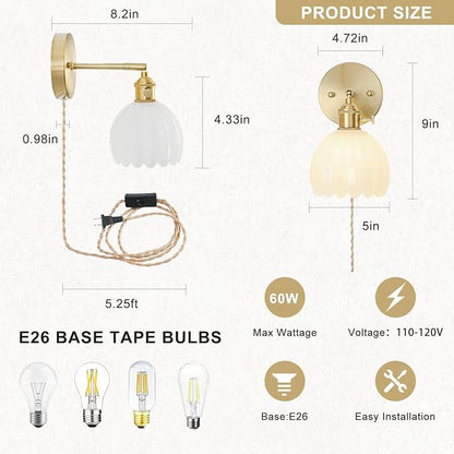 Plug in Wall Sconce, Vintage Sconce Light with Tulip Milk White Glass Lampshade, Bedside Wall Sconce with Switch and Plug in Wall Lamp Cord, Gold Wall Light for Bedroom