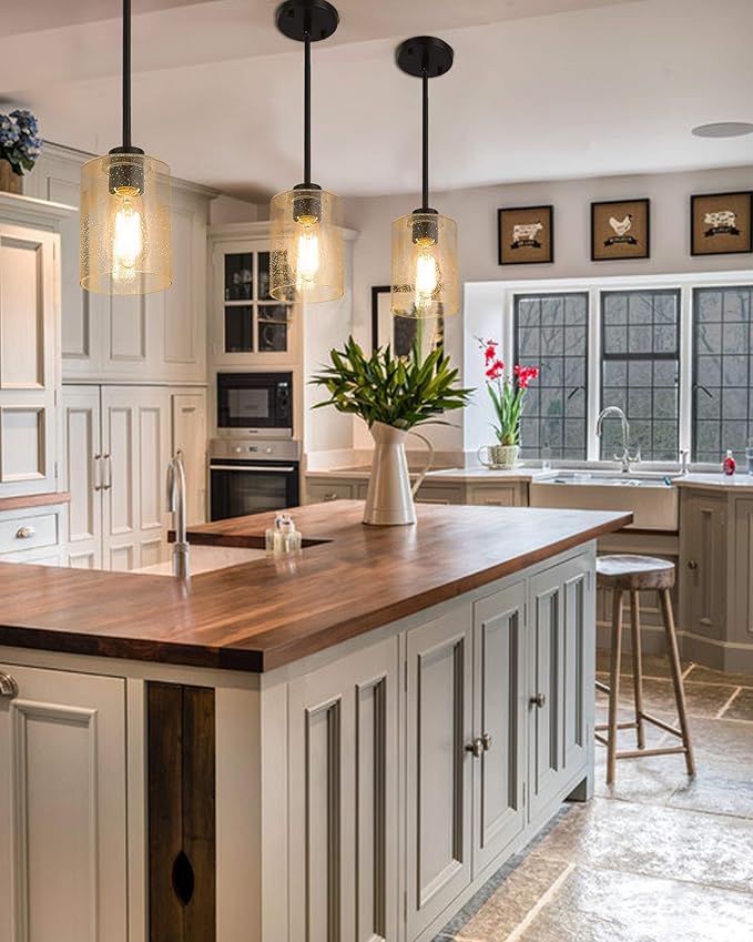 Beionxii Glass Pendant Light | Farmhouse Mini Pendant Lighting for Kitchen Island Dining Room Over The Sink, Oil Rubbed Bronze with Bubble Glass - DMD9002-1H/1PK
