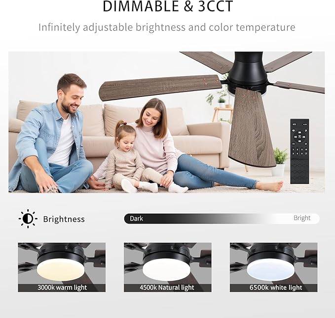 KNUN Ceiling Fans with Lights,52 Inch Low Profile Ceiling Fan with Light and Remote Control,Flush Mount,6 Speeds DC Reversible Motor, 3CCT Dimmable, Noiseless Brown Ceiling Fan for Living Room,Patio