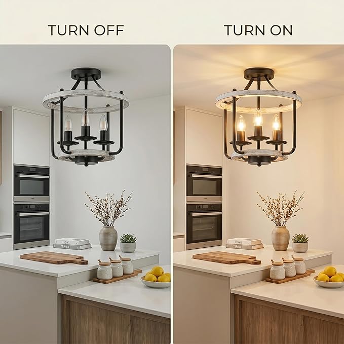 Farmhouse Semi Flush Mount Ceiling Light Fixtures, Industrial Rustic Ceiling Lamp Metal Cage Hallway Light Fixtures(3-Light Whitewashed Wood Finish)