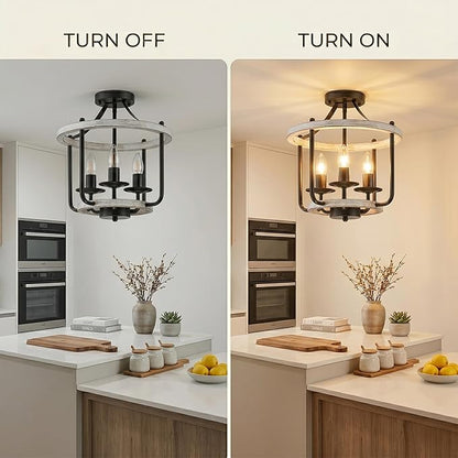Farmhouse Semi Flush Mount Ceiling Light Fixtures, Industrial Rustic Ceiling Lamp Metal Cage Hallway Light Fixtures(3-Light Whitewashed Wood Finish)