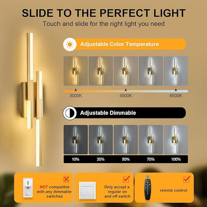 Benkut Modern LED Vanity Lights Set of 2, Gold Wall Sconce with Remote Control Dimmable Indoor Wall Light Bedside Remote Sconce for Bedroom Bathroom Living Dining Room (27.6inch 2 Pack)