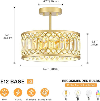 YURNYQ Crystal Ceiling Light Fixture, Modern Semi Flush Mount Light, Gold Lighting Fixtures Ceiling Chandelier for Kitchen, Bedroom, Dining Room, Hallway, 3-Light, 12.2 Inch