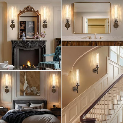 Bronze Wall Sconces, 19.5" Brushed Brass Knurled Bathroom Wall Sconces with Water Ripple Glass Shade, Dimmable Indoor Vanity Wall Light Fixtures for Living Room Hallway Bedroom Staircase