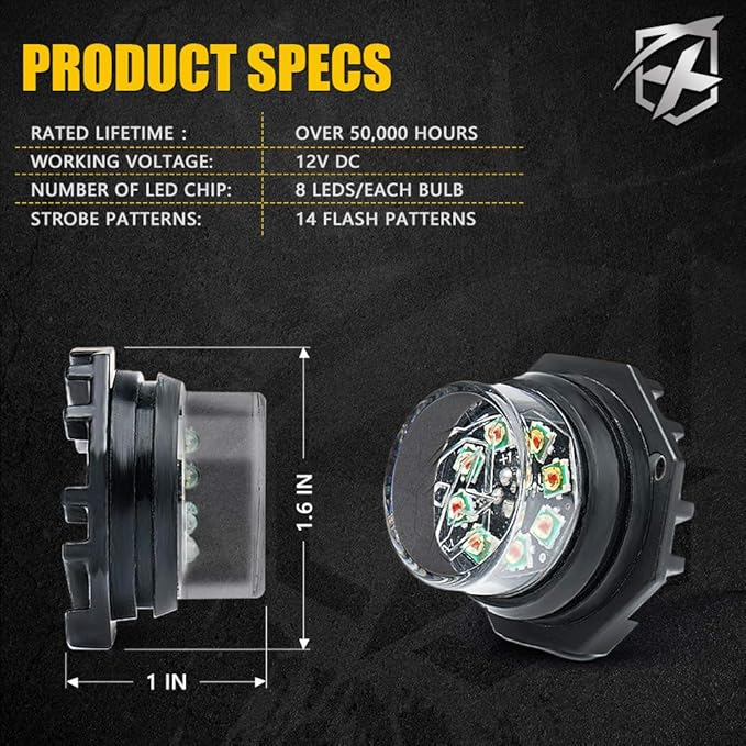 Xprite Hideaway Strobe Lights White LED Strobe Light Kit with 14 Flash Patterns Grill Strobe Lights for Trucks Surface Mount Headlight Taillight Emergency Warning for Work and Tow Vehicles - 4PCS