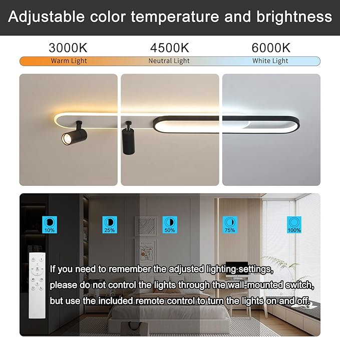 47.24In Modern LED Ceiling Light with 2 Spotlights 60W Black Linear Flush Mount Light Fixture with Remote Dimmable(3000-6000K) Long Kitchen Ceiling lamp for Living Room Bedroom Laundry Room