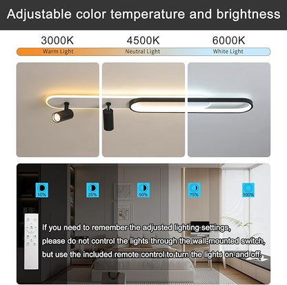 47.24In Modern LED Ceiling Light with 2 Spotlights 60W Black Linear Flush Mount Light Fixture with Remote Dimmable(3000-6000K) Long Kitchen Ceiling lamp for Living Room Bedroom Laundry Room