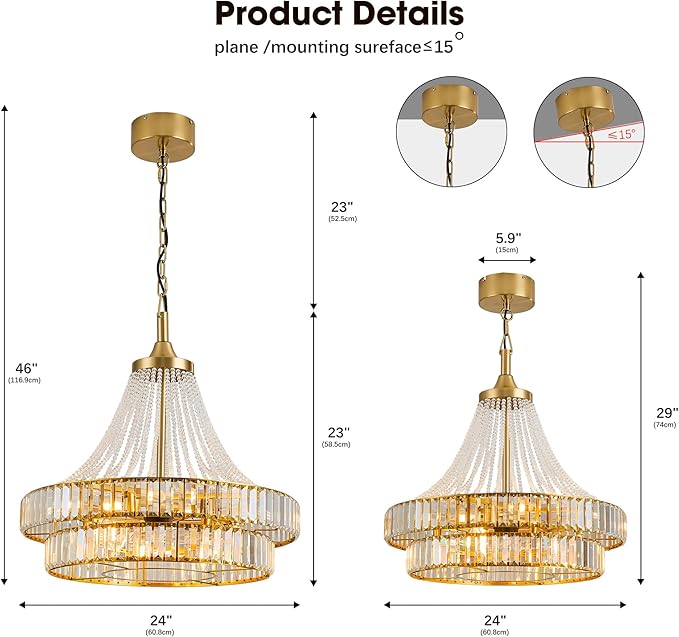 24“ Modern Crystal Chandelier Ceiling Fan with Lights, Remote & App Control, 6-Speed Reversible Large Fandelier, Double Layer Design for Bedroom, Living Room (Luxury Gold)