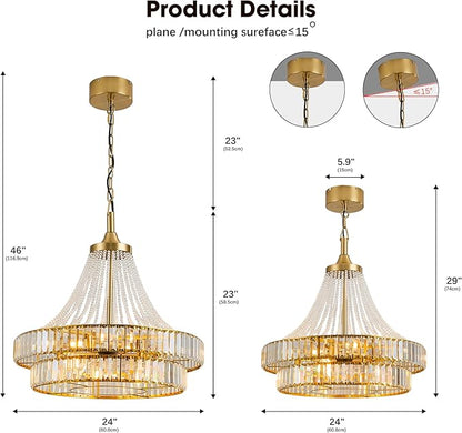 24“ Modern Crystal Chandelier Ceiling Fan with Lights, Remote & App Control, 6-Speed Reversible Large Fandelier, Double Layer Design for Bedroom, Living Room (Luxury Gold)