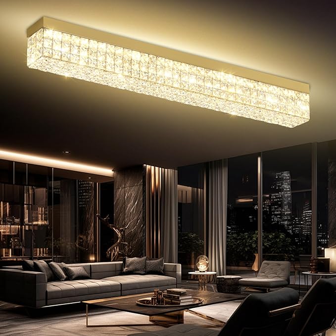 ykolupty L 40" Modern Rectangle Chandelier Gold Rectangular Flush Mount Chandelier Crystal Ceiling Light Fixture for Dining Living Room Kitchen Island