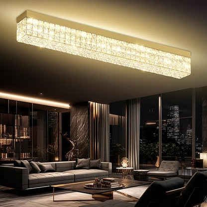 ykolupty L 40" Modern Rectangle Chandelier Gold Rectangular Flush Mount Chandelier Crystal Ceiling Light Fixture for Dining Living Room Kitchen Island