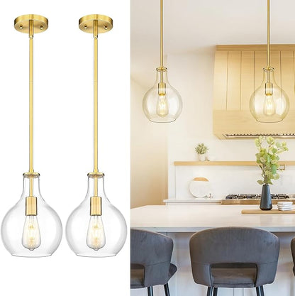 Emak Brushed Gold Pendant Light Fixtures, Modern Glass Pendant Lights Kitchen Island, 2 Pack 8 Inch Hanging Lights for Kitchen, Bathroom, Bedroom, Dining Room, PL125-BGD-2PK