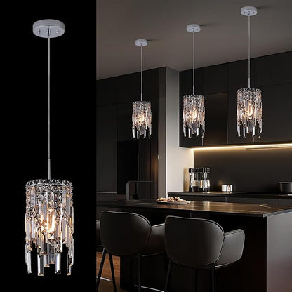 A AXILIXI Chrome Crystal Chandelier 7'' Small Kitchen Island Crystal Pendant Light Fixture Raindrop Flush Mount Hanging Chandelier for K9 Crystal Lights Fixture for Bedroom Kitchen Sink Dining Room
