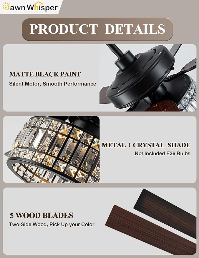 Dawn Whisper 52 Inch Black Chandelier Ceiling Fans Quiet and Reversible DC Motor Modern Ceiling Fans with Lights for Bedroom Living Room