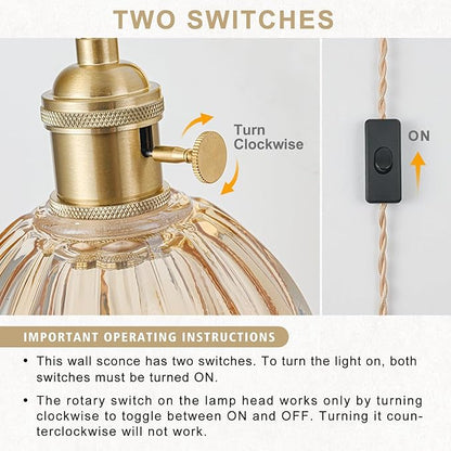 Plug in Wall Sconces Set of 2, Vintage Wall Sconce Light with Tulip Amber Glass Lampshade, Bedroom Wall Sconce with Switch and Plug in wall lamp Cord, Gold Wall Light Wall Decor Set of 2