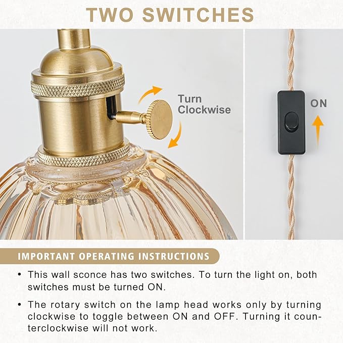 Plug in Wall Sconce, Vintage Sconce Light with Tulip Amber Glass Lampshade, Bedside Wall Sconce with Switch and Plug in Wall Lamp Cord, Gold Wall Light for Bedroom