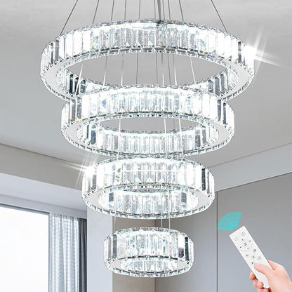 Dimmable Modern LED Chandelier with Remote 4 Ring Pendant Light Crystal Chandeliers for Dining Room Bedroom Living Room,3 Colors Adjustable,Dia7.9-11.8"-15.7"-19.7",79 W