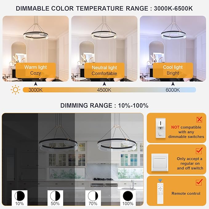 Benkut Modern LED Pendant Light Dimmable Black LED Chandelier for Dining Room Pendant Light Fixture Over Table Modern Chandelier Kitchen Island Living Room Entryway, 24 inch 3000K-6500K