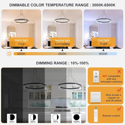 Benkut Modern LED Pendant Light Dimmable Black LED Chandelier for Dining Room Pendant Light Fixture Over Table Modern Chandelier Kitchen Island Living Room Entryway, 24 inch 3000K-6500K