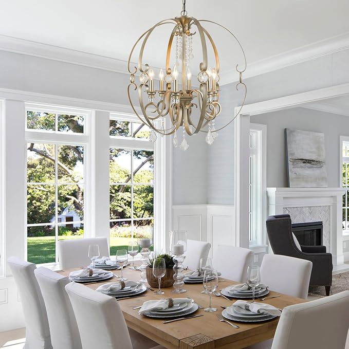 Sphere Crystal Chandeliers for Dining Room Light Fixture, 6-Light 26 Inch Antique Silver Vintage Bronze Chandelier for Kitchen Island, Living Room, Foyer, Staircase, Entry, Villa