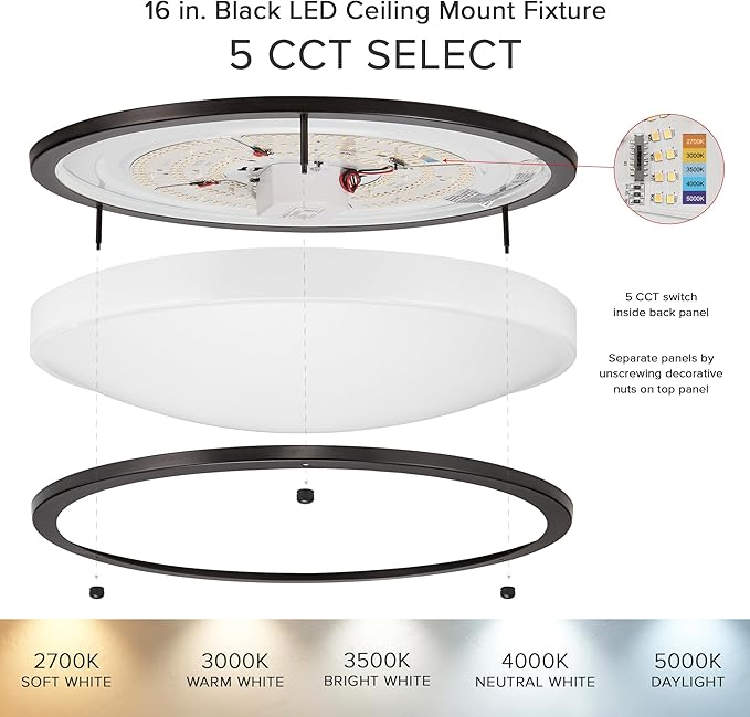 Maxxima 16 in. LED Flush Mount Ceiling Light, 3600 Lumens, 5 CCT 2700K/3000K/3500K/4000K/5000K, Round Color Selectable Black Trim Dual Ring Fixture, Dimmable