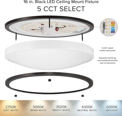 Maxxima 16 in. LED Flush Mount Ceiling Light, 3600 Lumens, 5 CCT 2700K/3000K/3500K/4000K/5000K, Round Color Selectable Black Trim Dual Ring Fixture, Dimmable