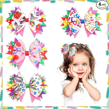 Estivaux 4 PCS Welcome Back Hair Accessories - Apple Pencil Hair Clips, Purple Pink Grosgrain Ribbon Bows for First Day of Kindergarten Party Favors