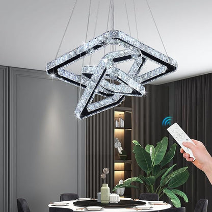 Modern Crystal Chandelier, Dimmable LED Pendant Light with Remote, Square 3-Ring K9 Crystal Chandelier, Height Adjustable 47W Hanging Light Fixture for Dining Room Living Room Bedroom Foyer