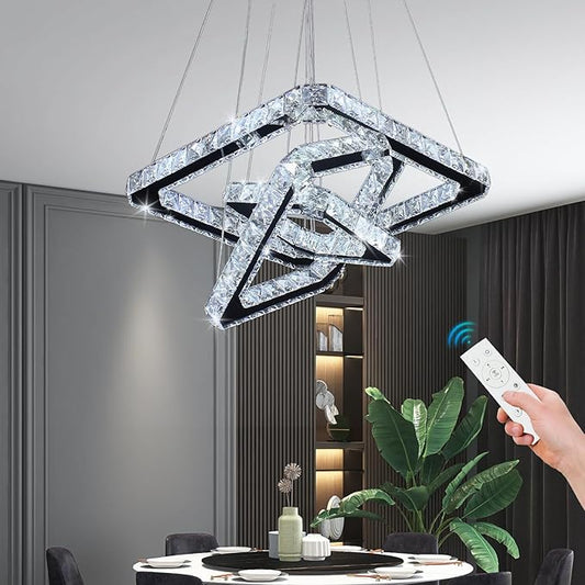 Modern Crystal Chandelier, Dimmable LED Pendant Light with Remote, Square 3-Ring K9 Crystal Chandelier, Height Adjustable 47W Hanging Light Fixture for Dining Room Living Room Bedroom Foyer