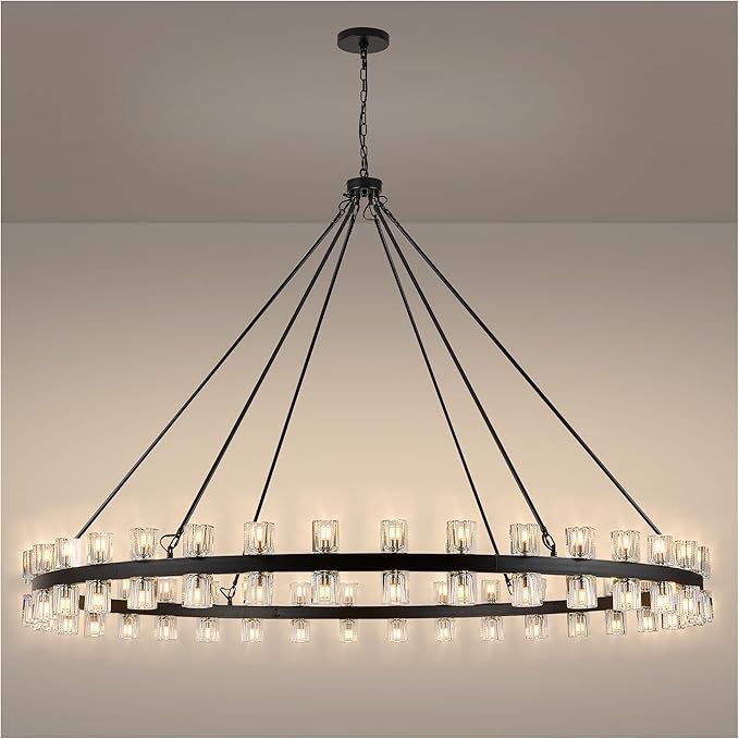 70 Inch Black Wagon Wheel Chandelier with Crystal Shade, 72 Lights, Modern Farmhouse Style, Ideal for Dining Room, Kitchen, Entryways