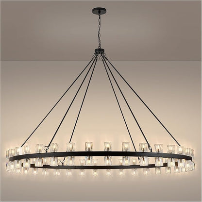 70 Inch Black Wagon Wheel Chandelier with Crystal Shade, 72 Lights, Modern Farmhouse Style, Ideal for Dining Room, Kitchen, Entryways