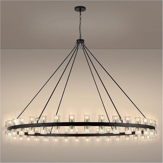 70 Inch Black Wagon Wheel Chandelier with Crystal Shade, 72 Lights, Modern Farmhouse Style, Ideal for Dining Room, Kitchen, Entryways