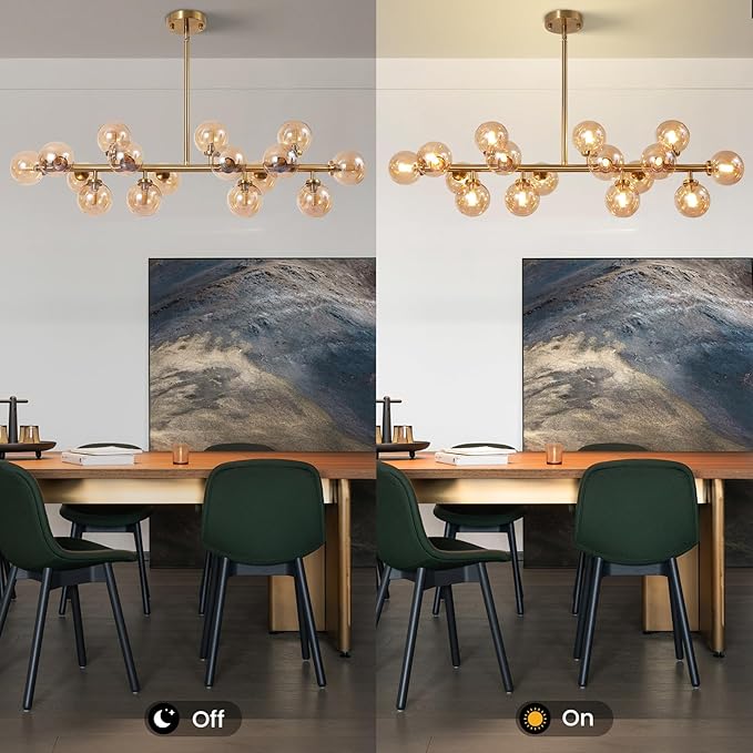 Modern Gold Chandelier Rectangle Pendant Light Ammber Globe Glass Sputnik Chandeliers Hanging Light Fixture 16-Light